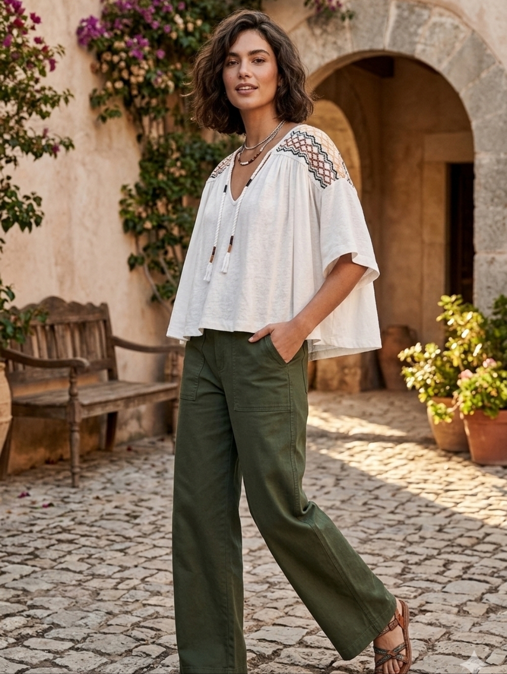 Free People Ivory Blouse with Geometric Embroidery